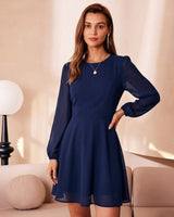 Modra Chiffon Obleka brez Hrbtne Strani A-Linije