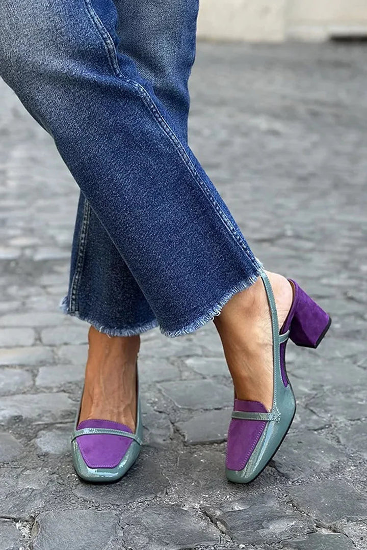 Široki petni slingback patchwork vijolični z kvadratnim nosom