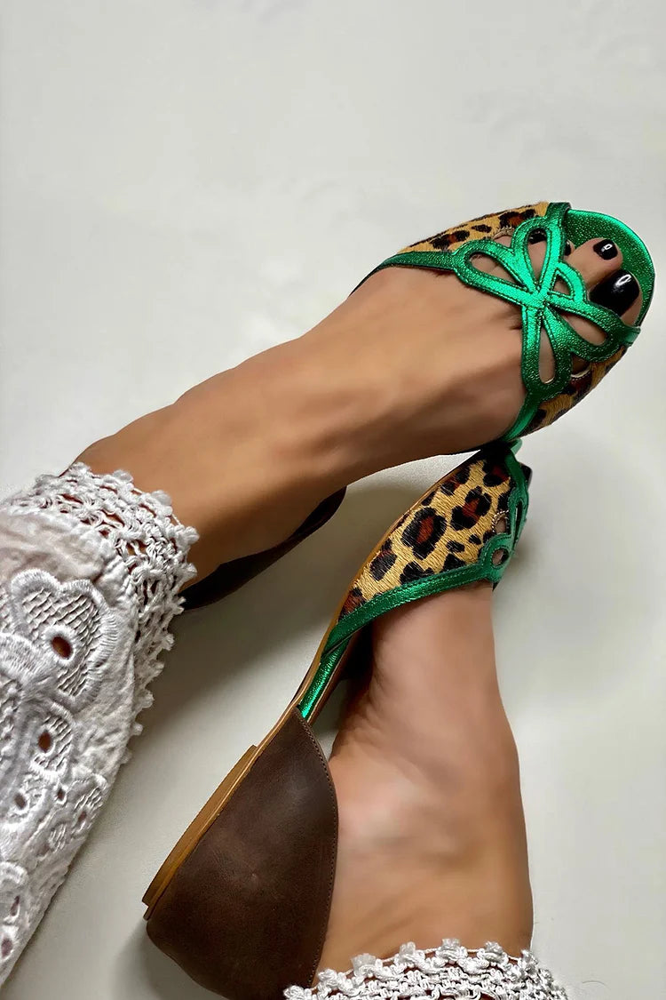 Sandali cut-out barvni blok leopardja zelena