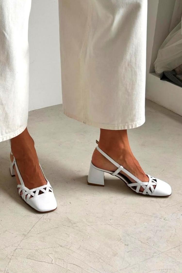 Široki slingback čevlji z izrezom beli s kvadratnim koncem