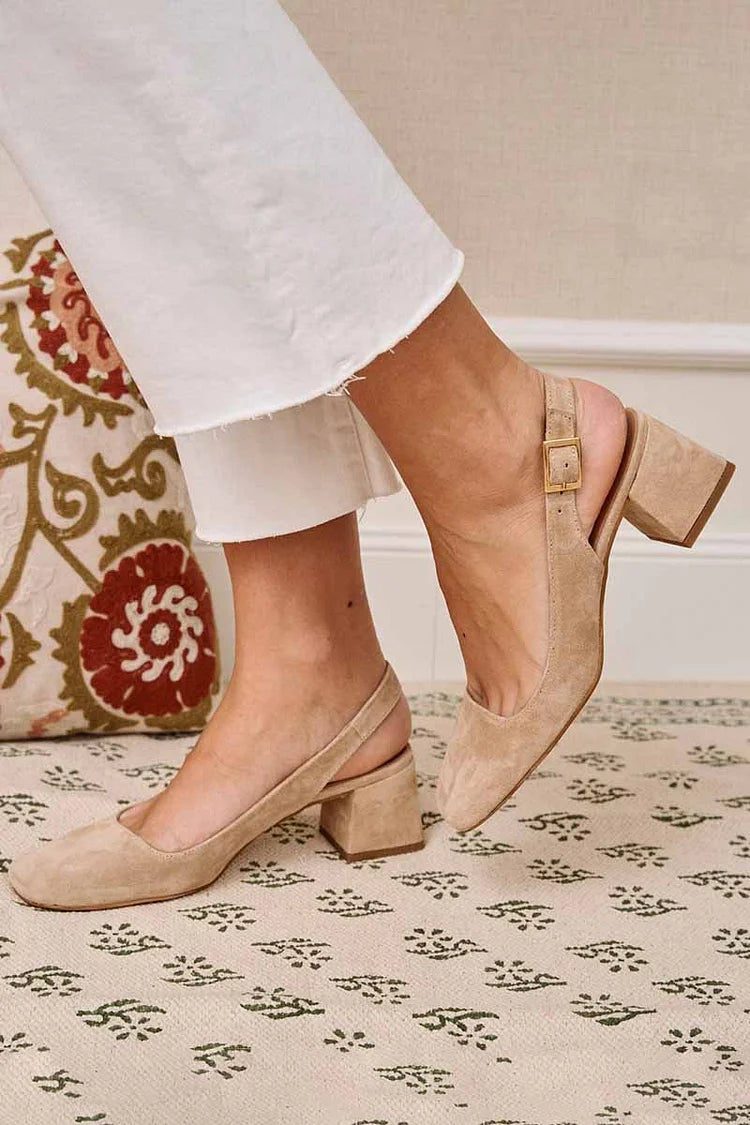 Chunky slingback petke v kaki barvi s kvadratnim nosom in sponko