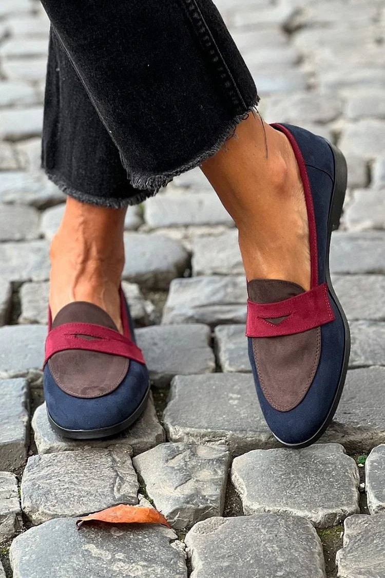 Moccasini barvni blok patchwork v temno modri barvi s krožno konico