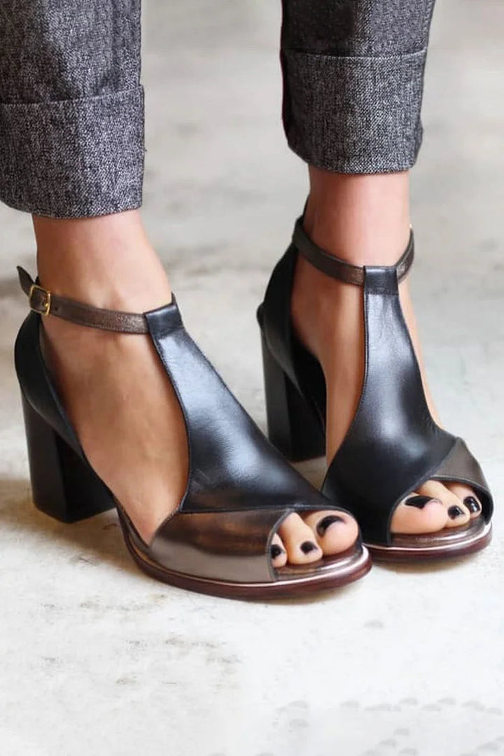 Široki peep toe patchwork črni petki z naramnicami