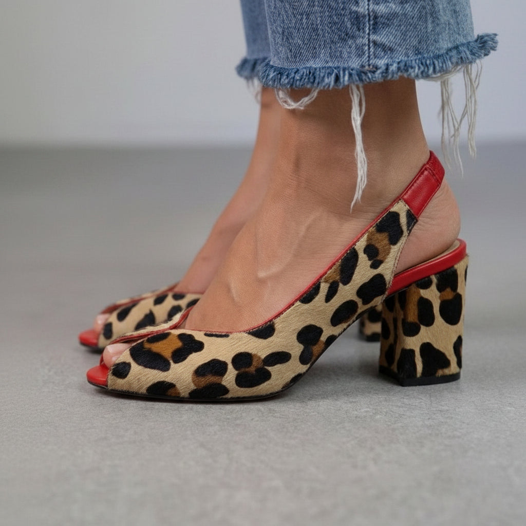 Blok petne slingback peep toe z leopardjim vzorcem Rdeča