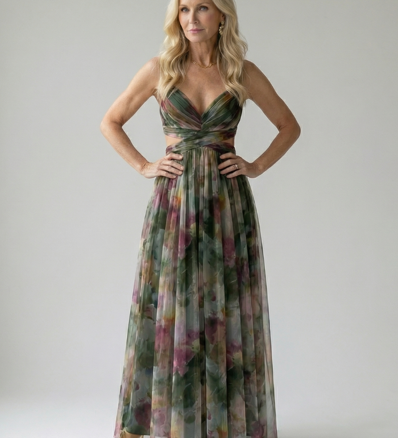 Alma Ljubljana Isel puha maxi obleka s širokimi naramnicami in elegantnim krojem, prikazana na modelu.