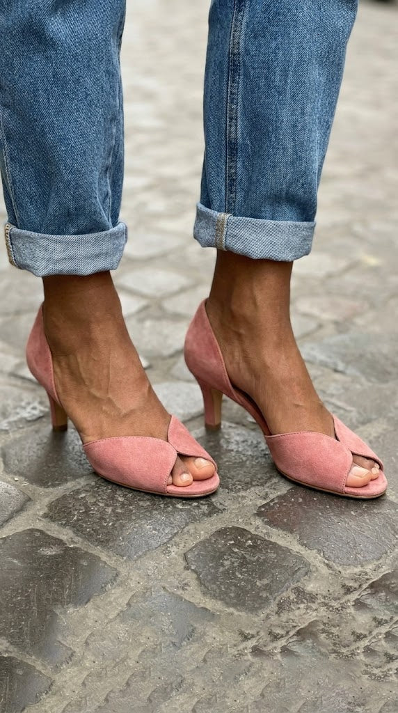 Ružnati kitten peep toe d'Orsay iz semiša