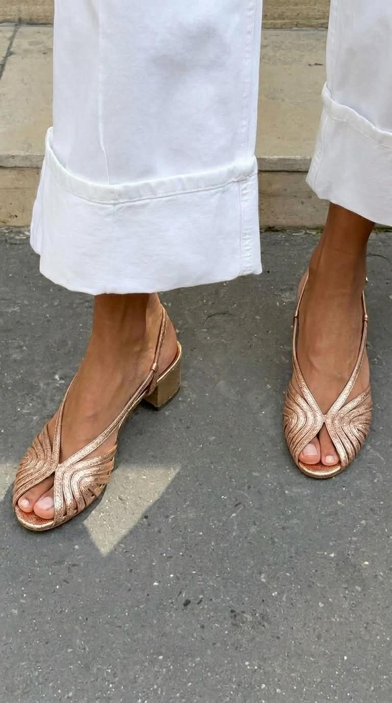 Slingback peep toe z blokom in pletenim dizajnom v roza zlatu