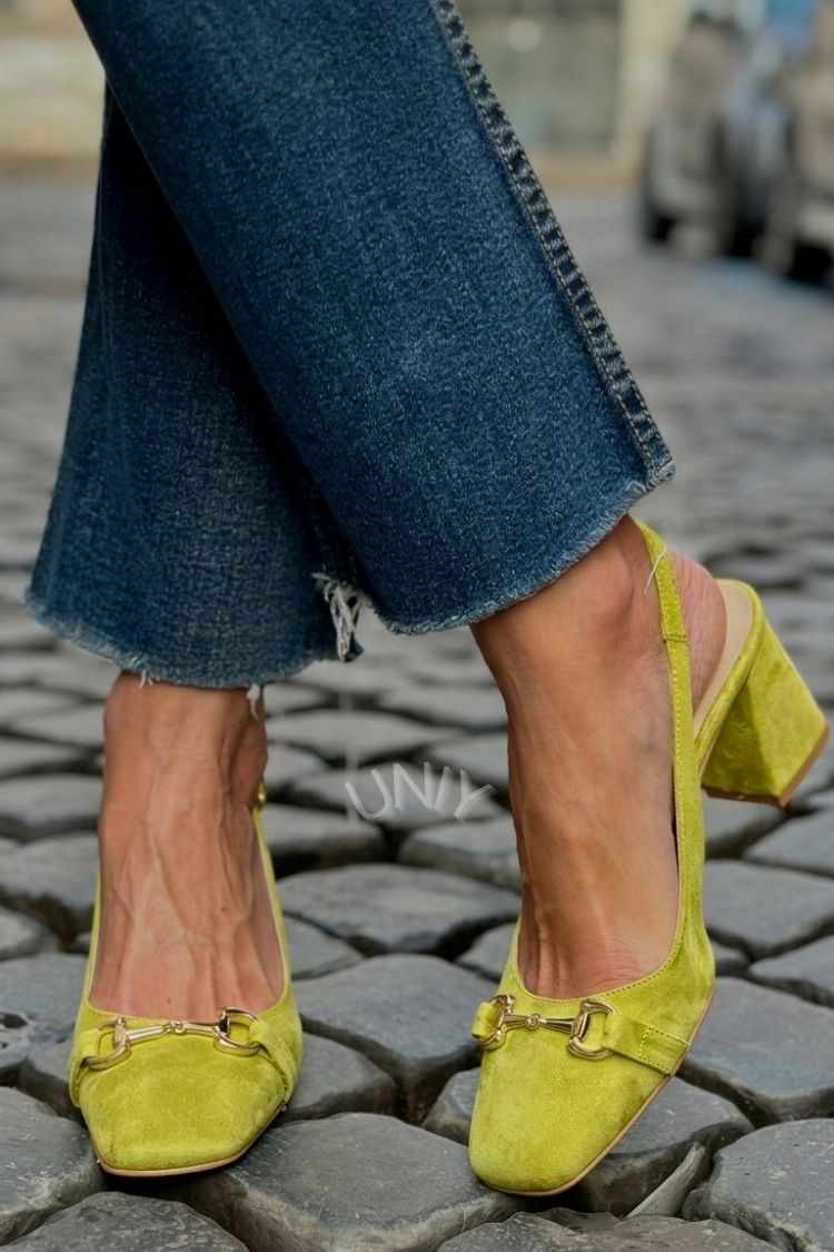 Zeleni blok petni slingback čevlji iz semiša