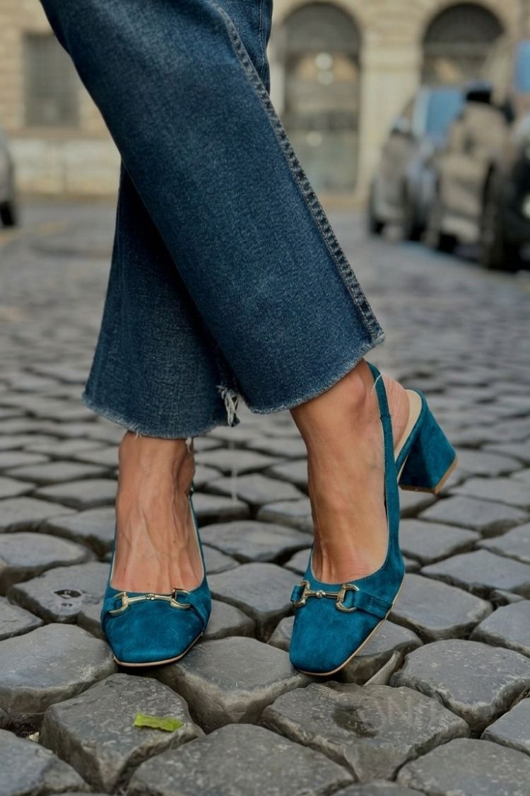 Zeleni blok petni slingback čevlji iz semiša
