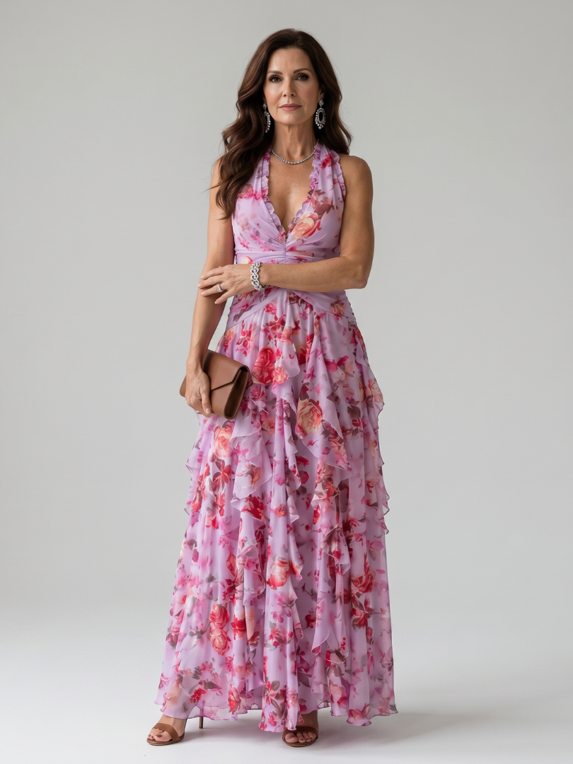 Maxi obleka Alma Ljubljana Nori s rožnatim vzorcem in halter ovratnikom, elegantna in udobna za posebne priložnosti.