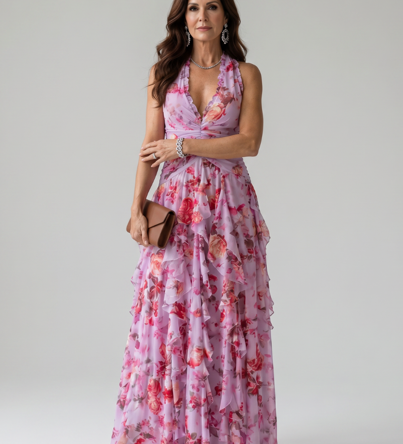 Maxi obleka Alma Ljubljana Nori s rožnatim vzorcem in halter ovratnikom, elegantna in udobna za posebne priložnosti.