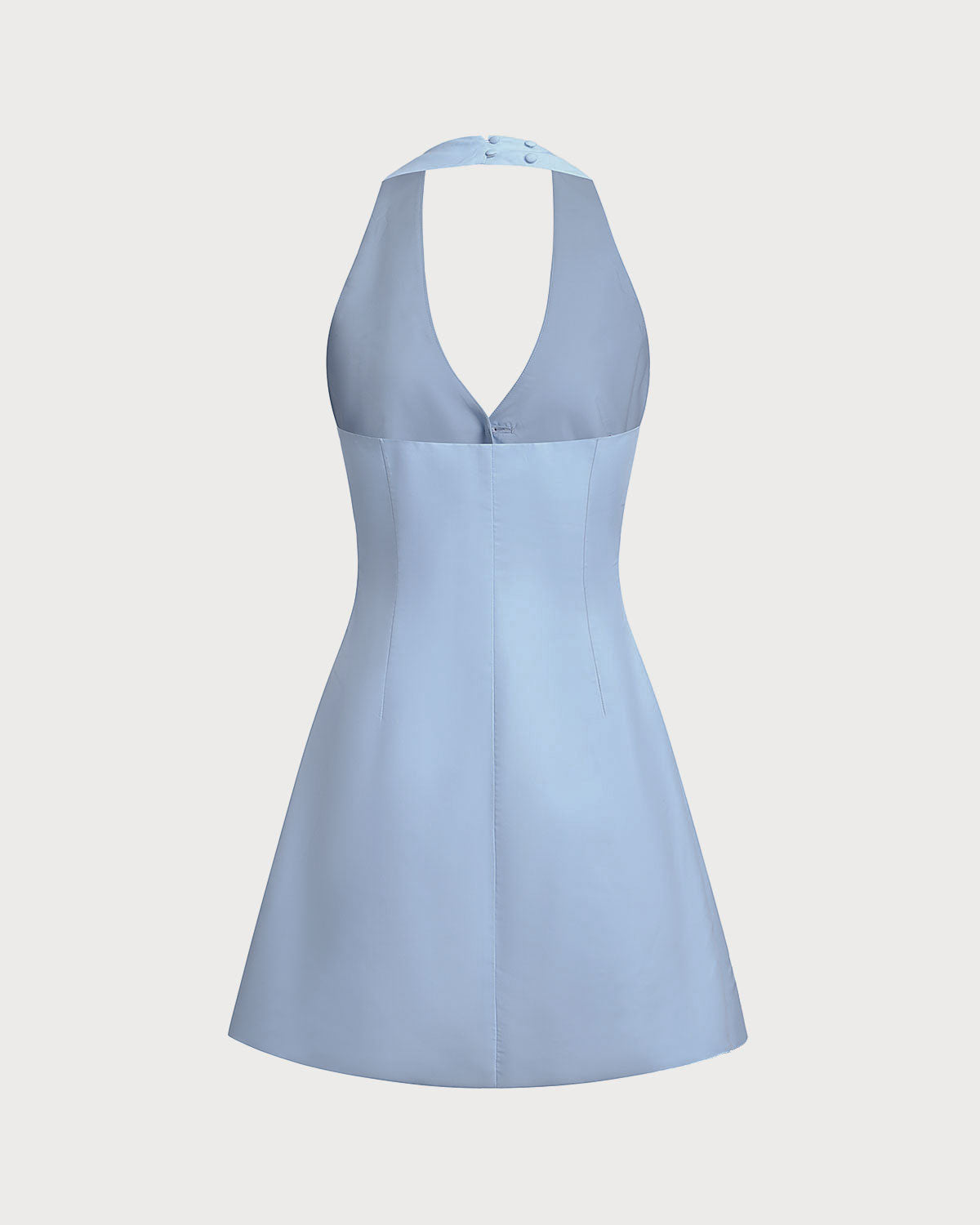 Modra halter mini obleka Mila Ljubljana, elegantna kratka obleka s vrvico okoli vratu in prilagojenim krojem.