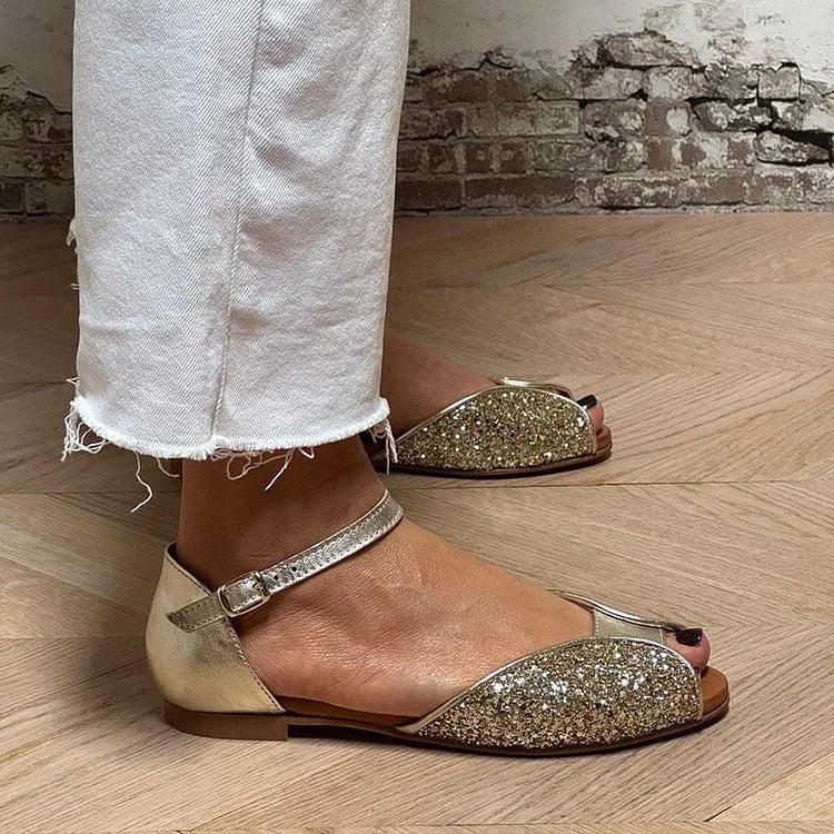 Zlati peep toe sandali z bleščicami in trakcem okoli gležnja