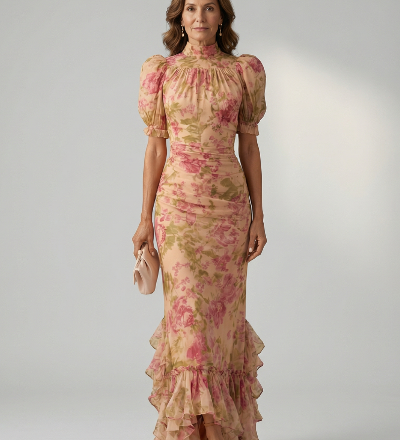 Vianne maxi obleka z visokim ovratnikom v elegantni črni barvi, prikazana na modelu. Alma Ljubljana.