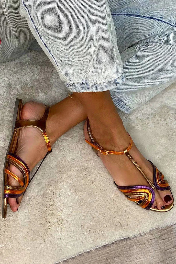 Multicolorna in zlata peep toe sandala z zaponko in T-trakom