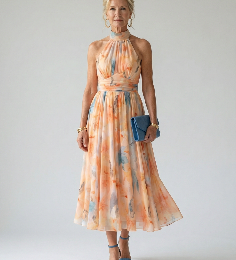 Elin midi obleka s halter izrezom, Alma Ljubljana, prikaz zadnjega dela in elegantnega dizajna v svetli barvi.