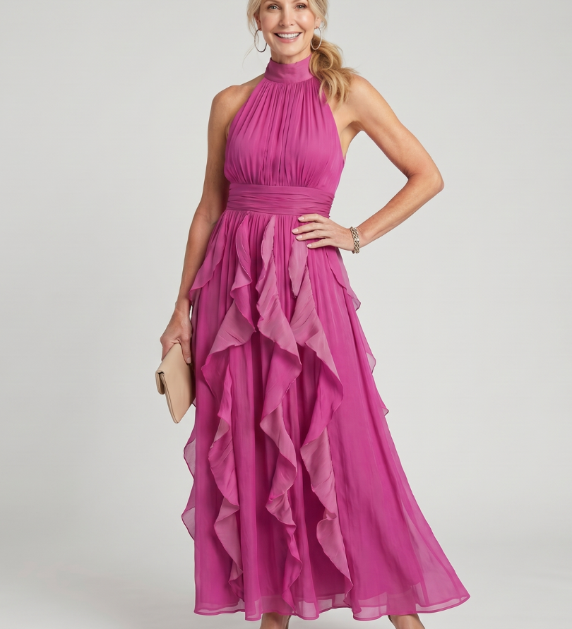 Orea Maxi obleka z volančki in halter izrezom, Alma Ljubljana, na ženski model, elegantno in svežo poletno oblačilo