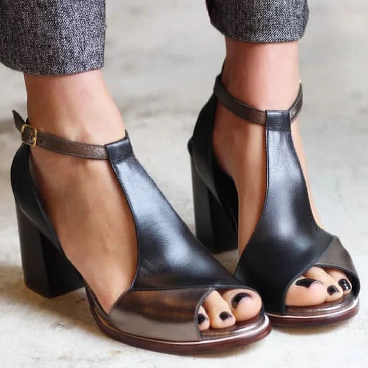 Široki peep toe patchwork črni petki z naramnicami