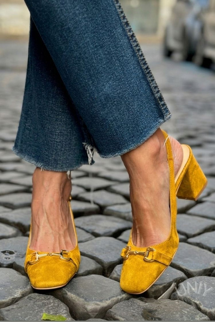 Zeleni blok petni slingback čevlji iz semiša