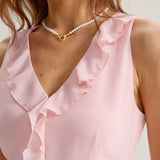 Roza Ruffles Brezrokavna Mini Obleka