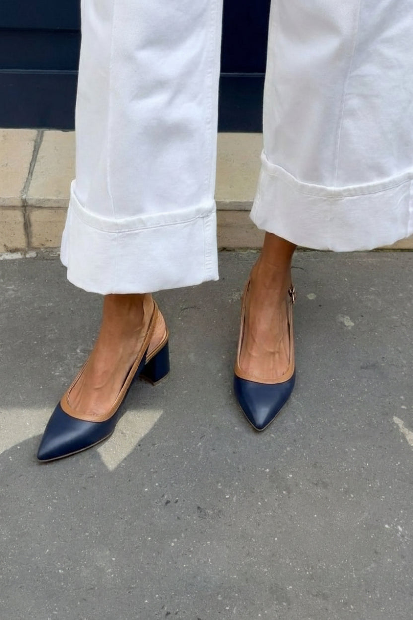 Navy modri slingback čevlji s blokom