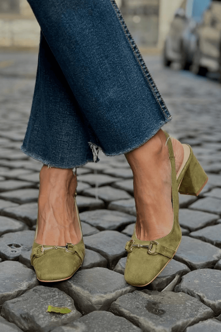 Zeleni blok petni slingback čevlji iz semiša