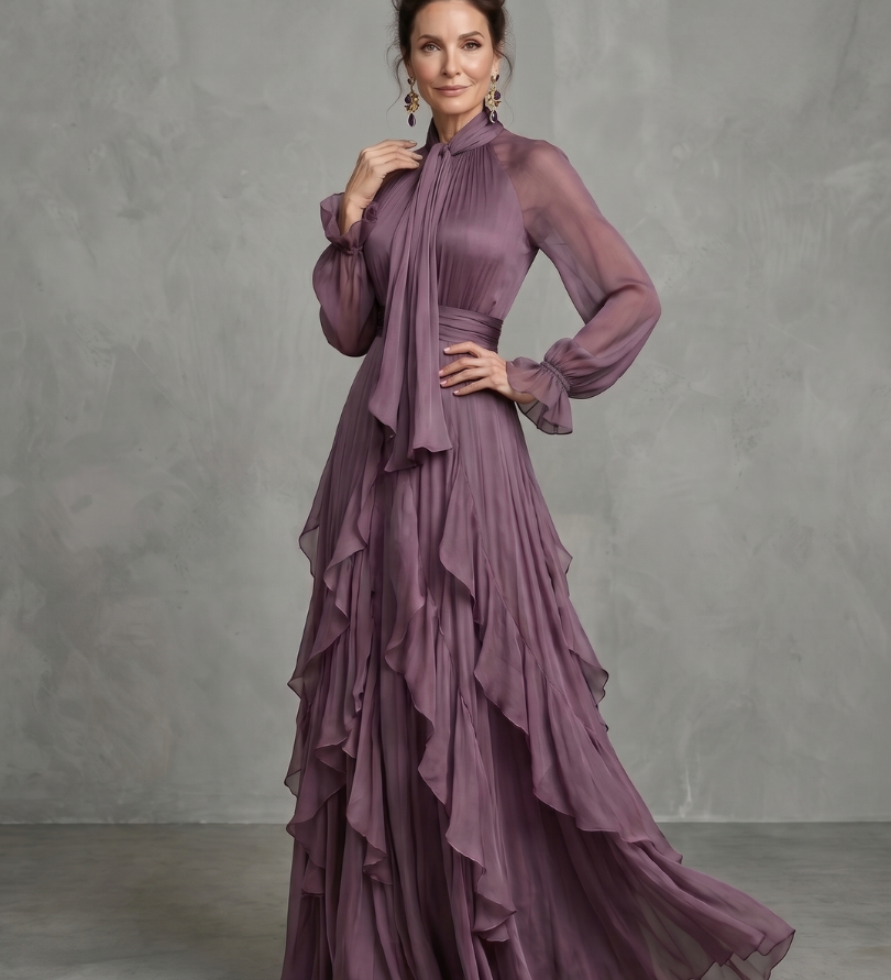Demetria Alma Ljubljana maxi obleka s fodrasti detajli, dolge rokave in elegantnim dizajnom, prikazana na sliki