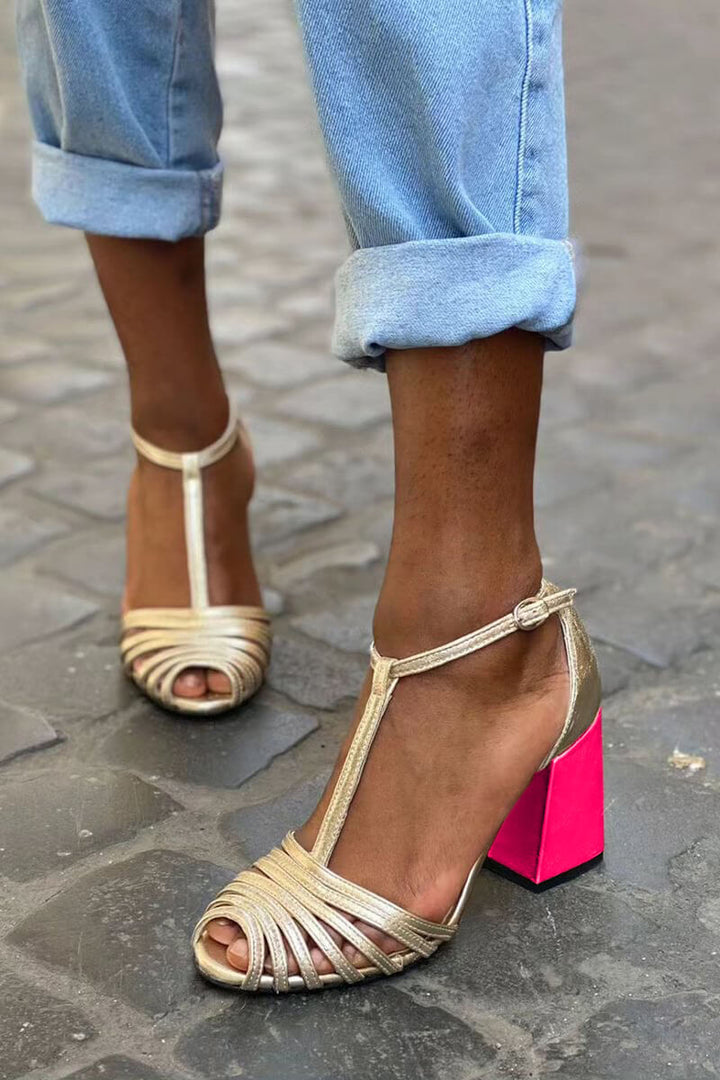 Široki peep toe petki z zaponko, T-trakom in trakovi