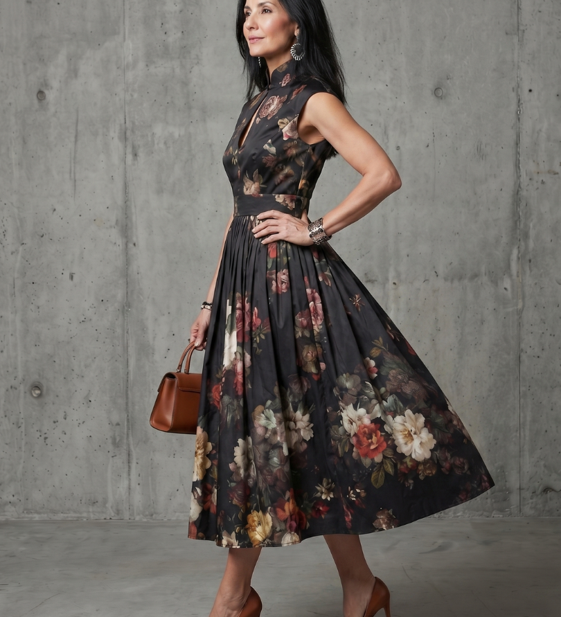 Greta Alma Ljubljana midi obleka z rožnatim vzorcem, elegantna in modna ženska obleka za vsakodnevne priložnosti.