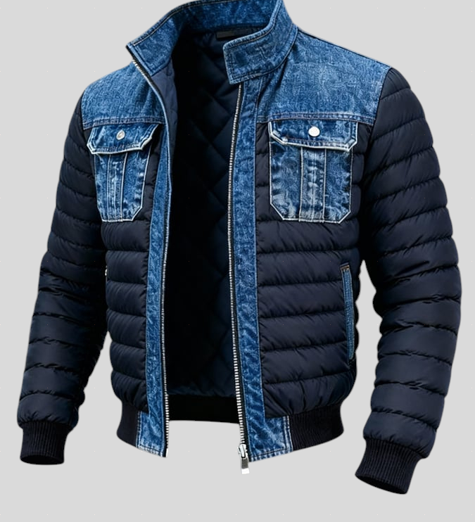 Nikola – klasična dvostruka denim jakna Mila Ljubljana, modra in s sprednjimi gumbi, na modelu.