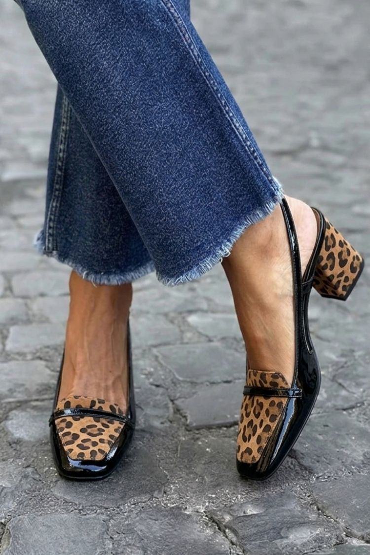 Široki petni slingback patchwork vijolični z kvadratnim nosom
