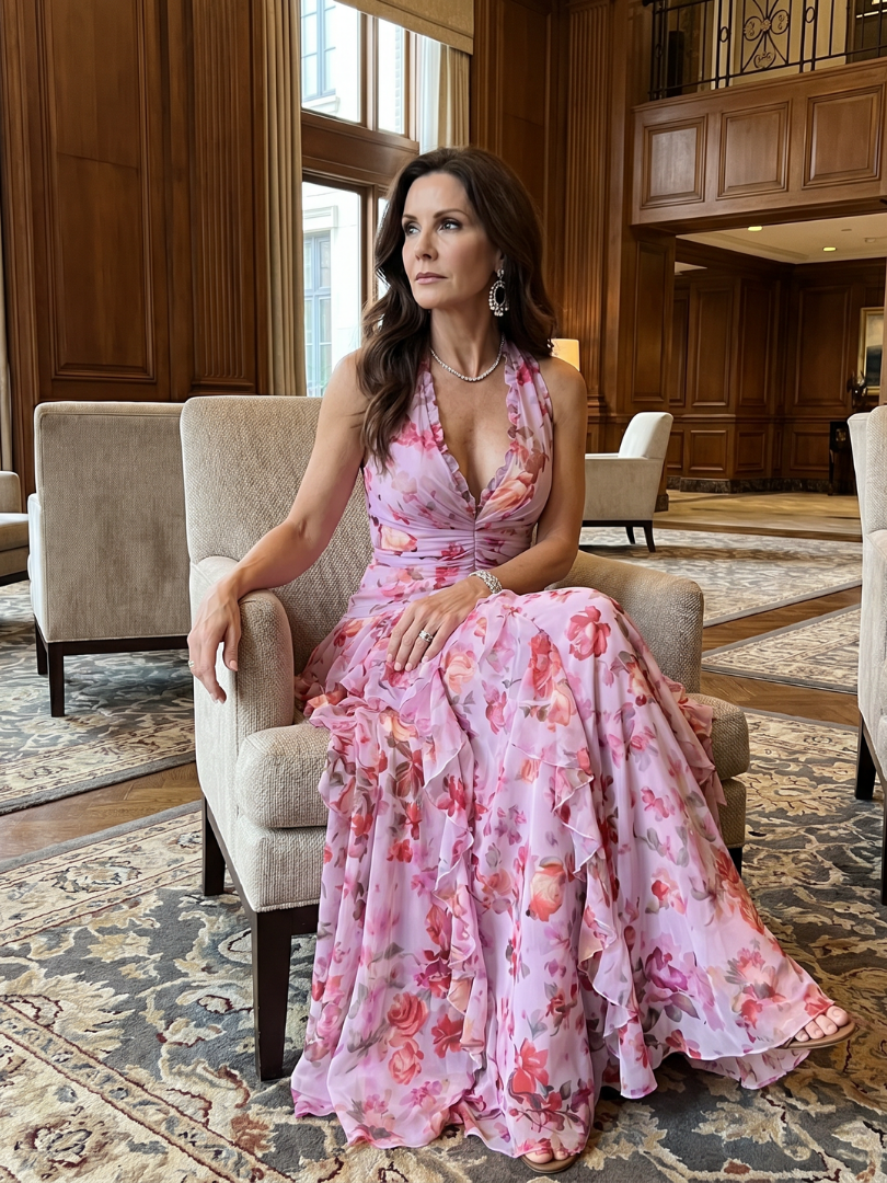 Maxi obleka Alma Ljubljana Nori z rožnatim vzorcem in halter ovratnikom, elegantna in sodobna ženska oblačila