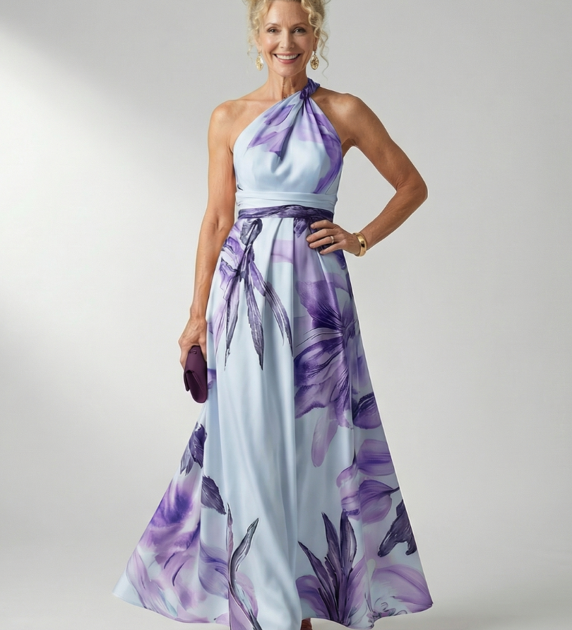 Lahka Maxi oblačila Amiel z cvetličnim motivom, Alma Ljubljana, na modelu, svetla tkanina, elegantno in sproščeno.