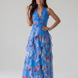 Maxi obleka Alma Ljubljana Nori z rožnatim vzorcem in halter ovratnikom, elegantna in damska.