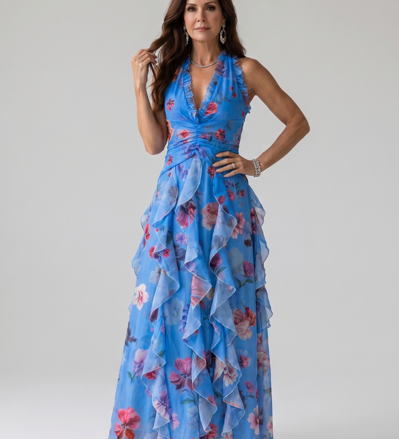 Maxi obleka Alma Ljubljana Nori z rožnatim vzorcem in halter ovratnikom, elegantna in damska.