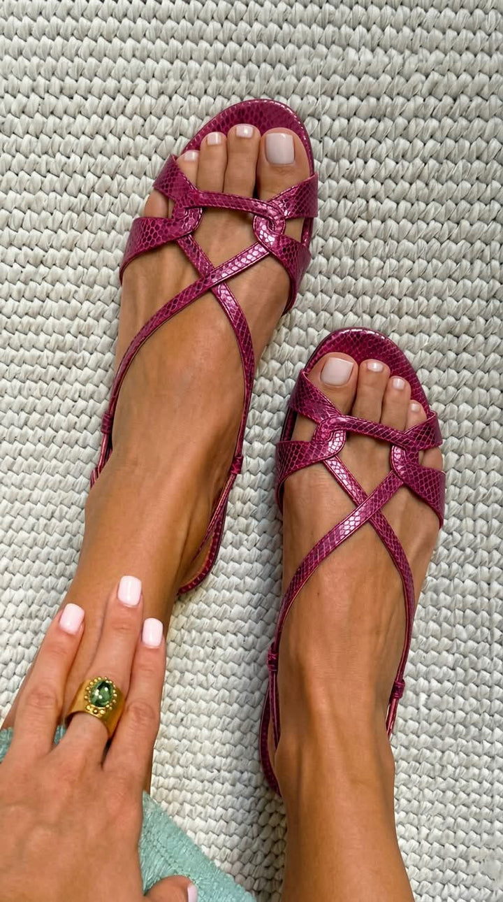Slingback sandali z učinkom kače nizki bronasti z odprto konico