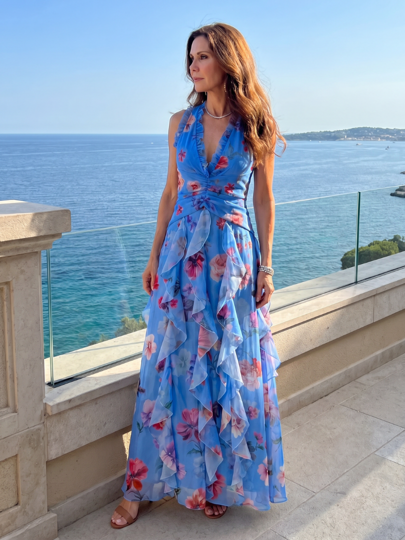 Maxi obleka Alma Ljubljana Nori s rožnatim vzorcem in halter ovratnikom, elegantna in sproščena ženska obleka.