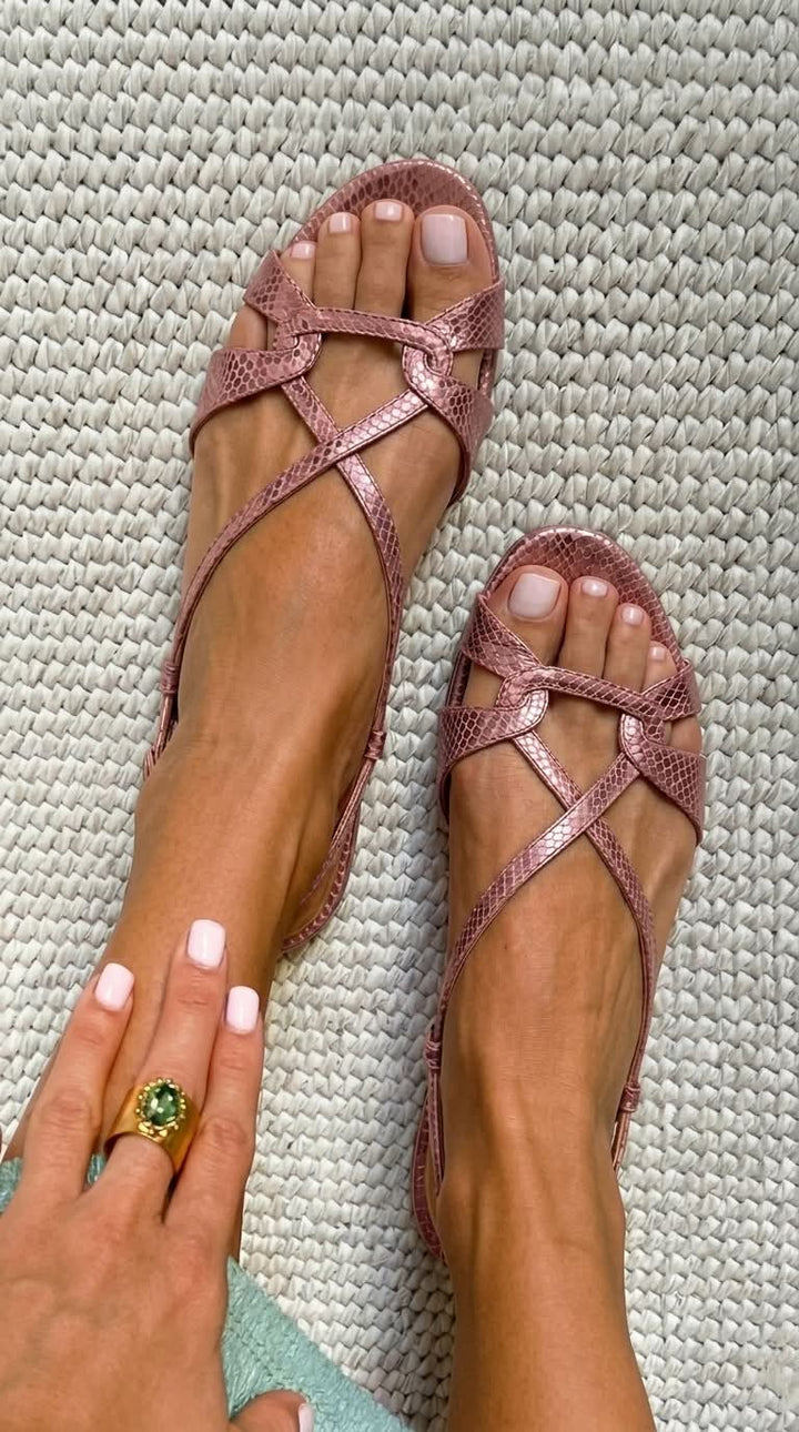 Slingback sandali z učinkom kače nizki bronasti z odprto konico