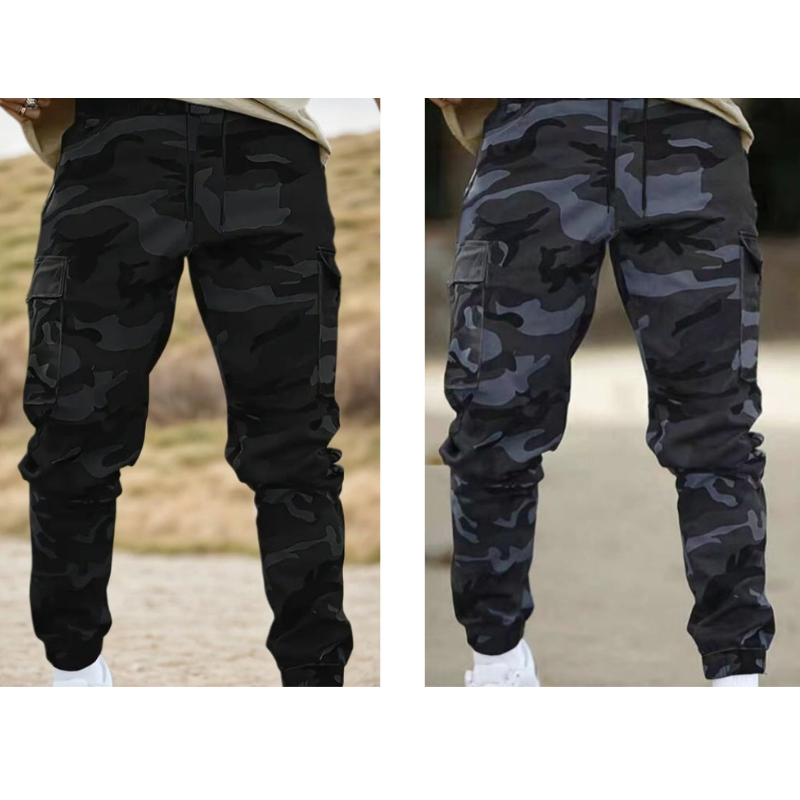 Moške kamuflažne hlače Mila Ljubljana, visoka kakovost, s črno- sivim vzorcem, prikazane na sliki.