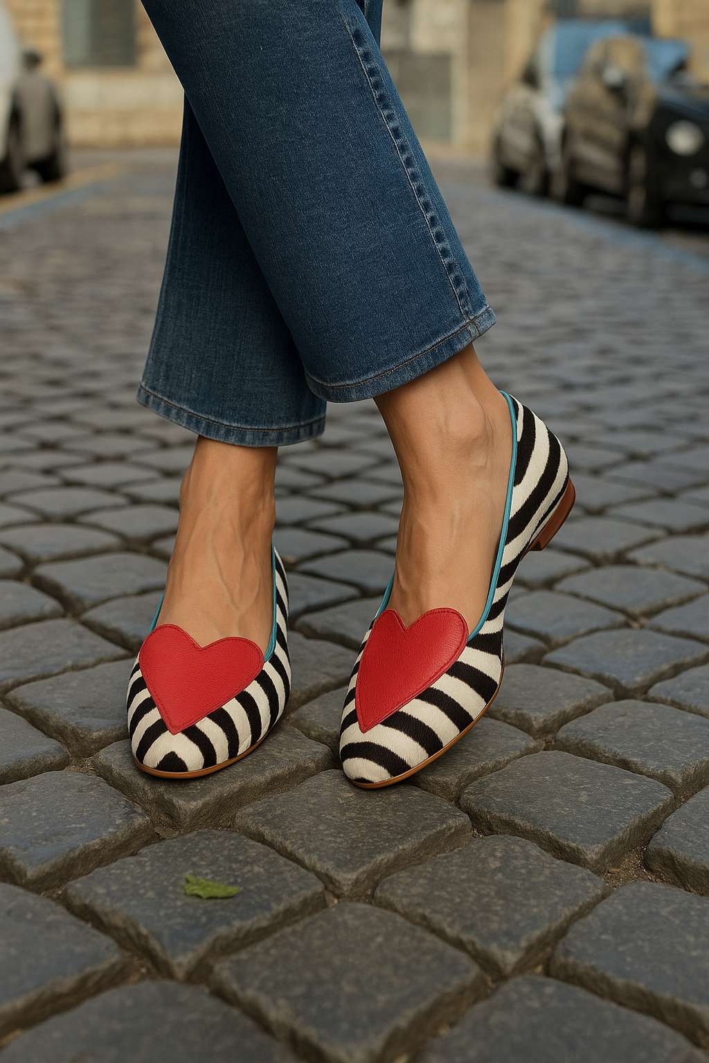 Zebra balerinke casual rdeče s konico in srcem
