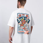 Bela moška majica T-shirt Šimun Koi King z grafikoi koi ribe, Mila Ljubljana, sprednja stran, casual stil.