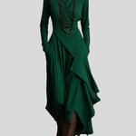 Giorgia Maxi obleka z naborki in visokim ovratnikom, zelena, asimetrična, izdelava Mila Ljubljana, elegantna in modna.