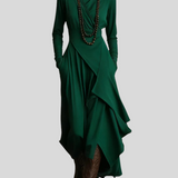 Giorgia Maxi obleka z naborki in visokim ovratnikom, zelena, asimetrična, izdelava Mila Ljubljana, elegantna in modna.