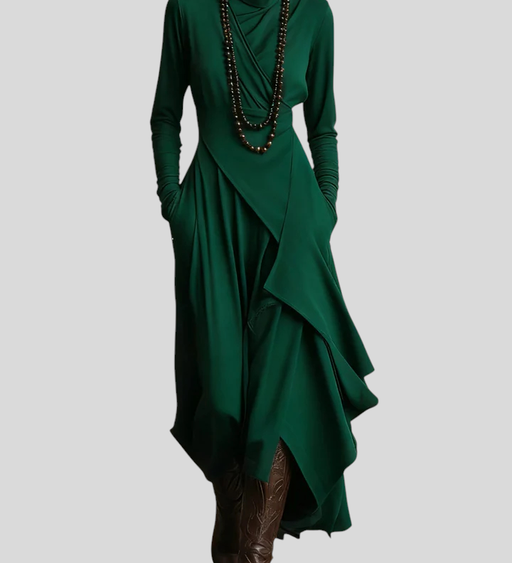 Giorgia Maxi obleka z naborki in visokim ovratnikom, zelena, asimetrična, izdelava Mila Ljubljana, elegantna in modna.