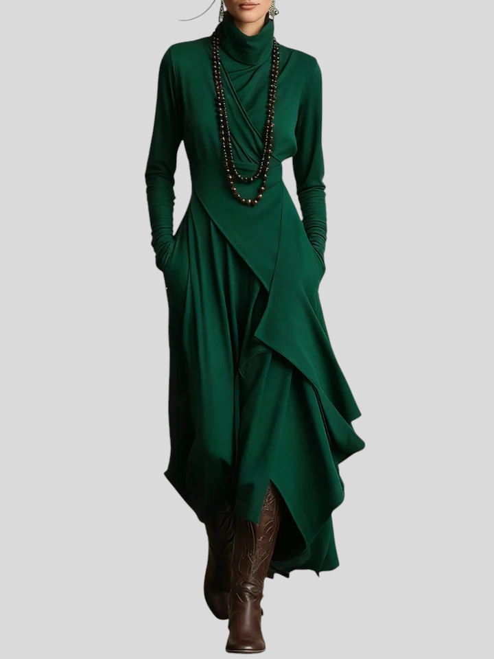 Giorgia Maxi obleka z naborki in visokim ovratnikom, zelena, asimetrična, izdelava Mila Ljubljana, elegantna in modna.