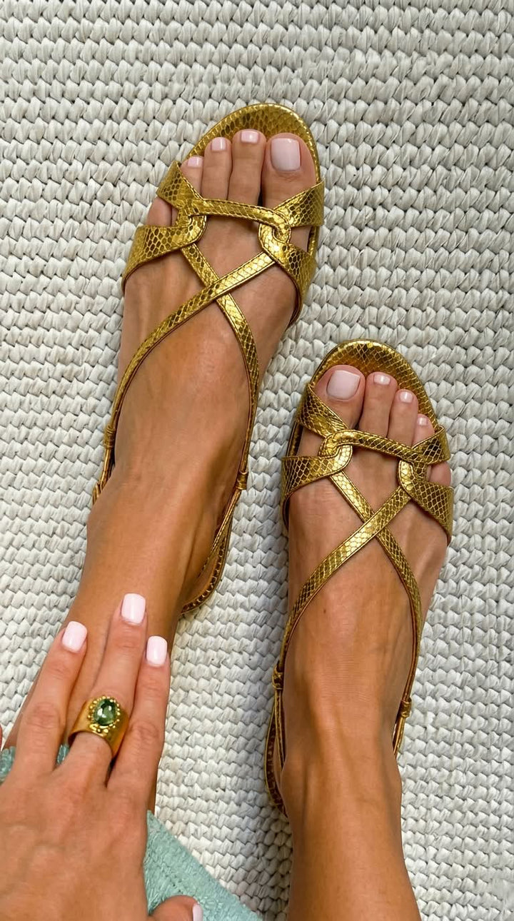 Slingback sandali z učinkom kače nizki bronasti z odprto konico