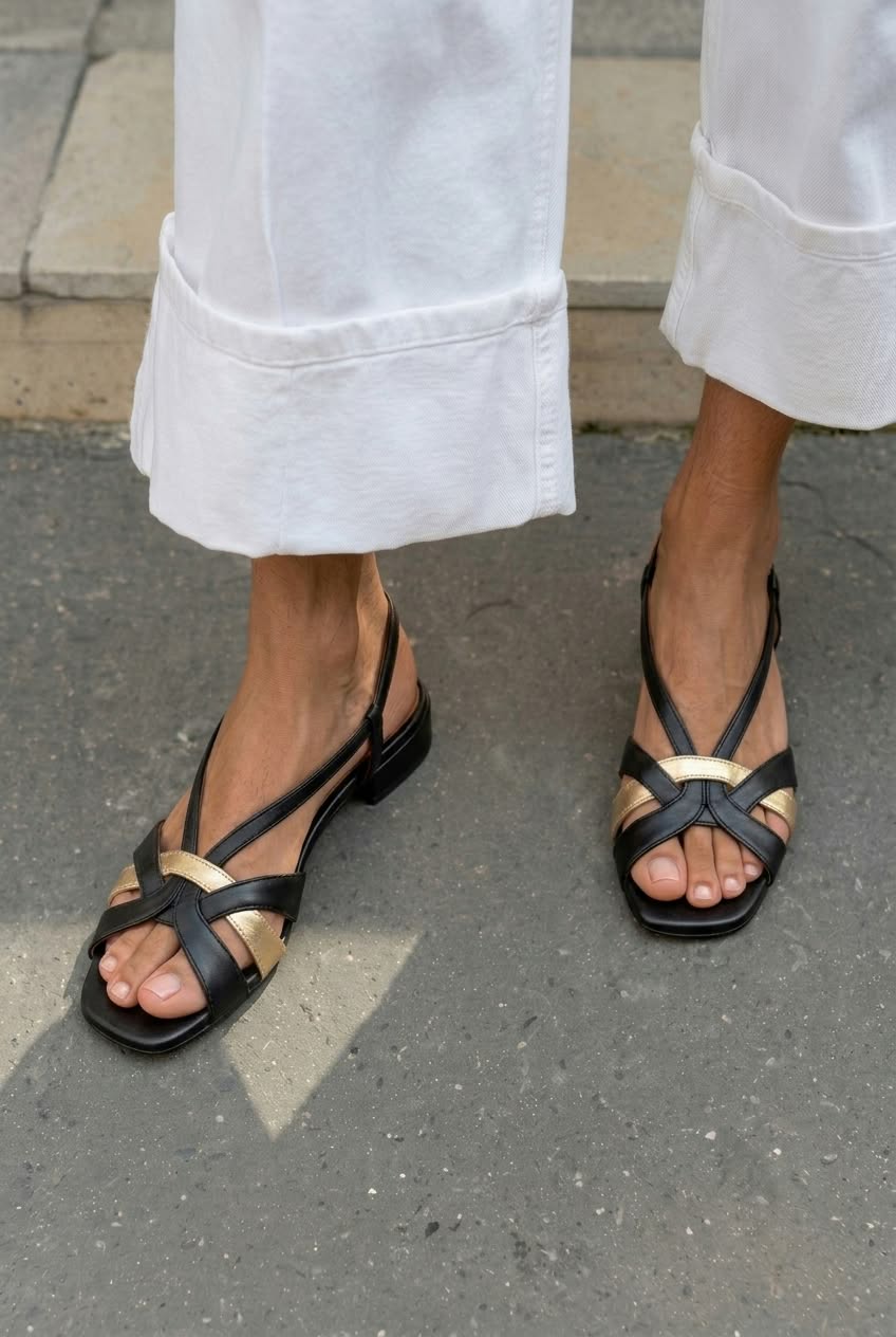 Slingback sandali s kvadratnimi prsti, prečnimi trakovi in nizko peto
