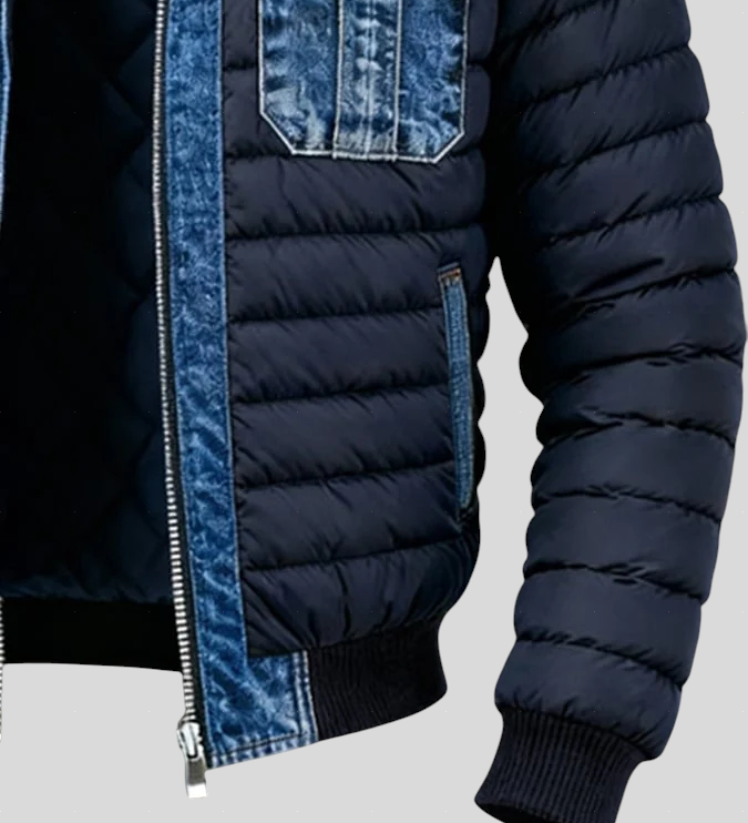Nikola – klasična dvostruka denim jakna Mila Ljubljana, modra, z gumbi in žepa, na modelu na belem ozadju.