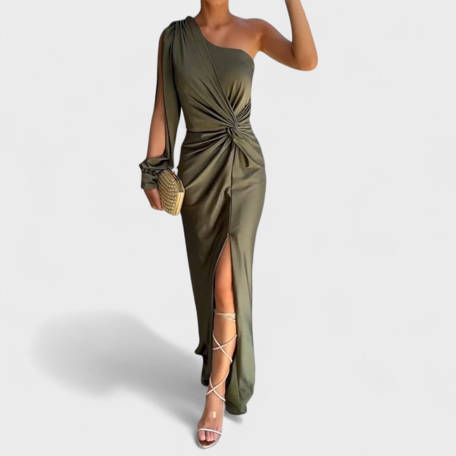 Elegantna asimetrična svečana obleka Mila Ljubljana, Kelly cocktail model, s poudarkom na kroju in materialu