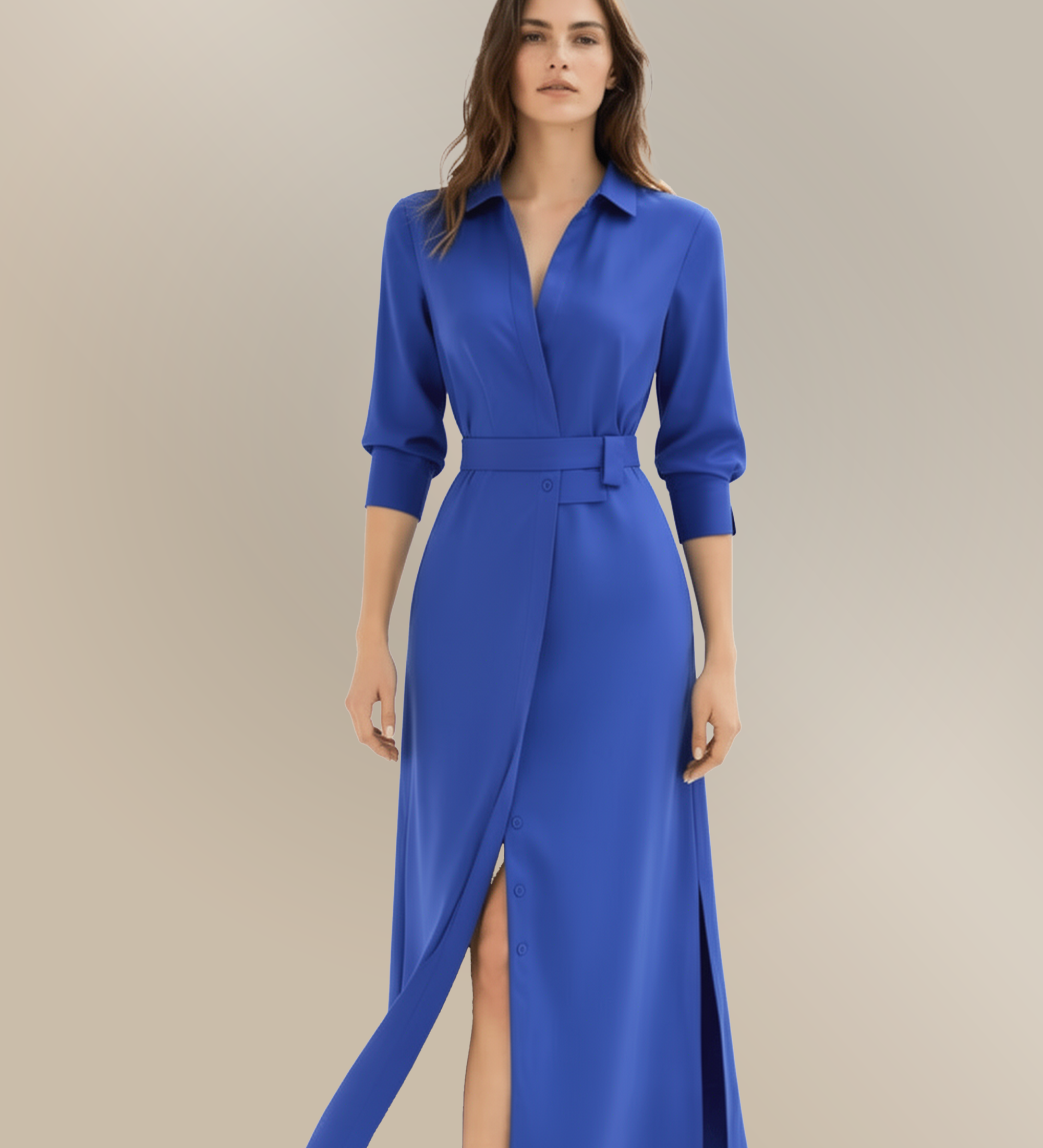 Elegantna dolga obleka-srajca Mila Ljubljana Gordana, modna in sofisticirana, prikazana na modelu v svetlem odtenku.